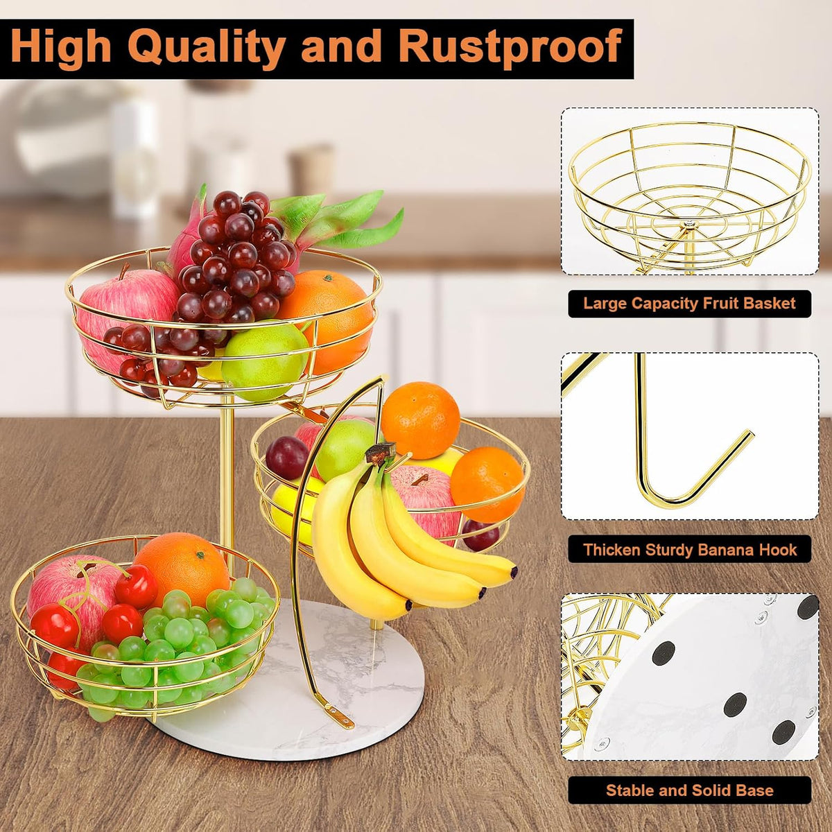 Fruit Basket Bowl with Banana Hanger, Fruit Vegetable Storage Basket with Banana Tree Holder for Kitchen Counter, Detachable Organizer for Bread Snack Produce (Black, 3-Tier Metal Base)