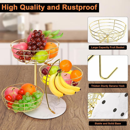 Fruit Basket Bowl with Banana Hanger, Fruit Vegetable Storage Basket with Banana Tree Holder for Kitchen Counter, Detachable Organizer for Bread Snack Produce (Black, 3-Tier Metal Base)