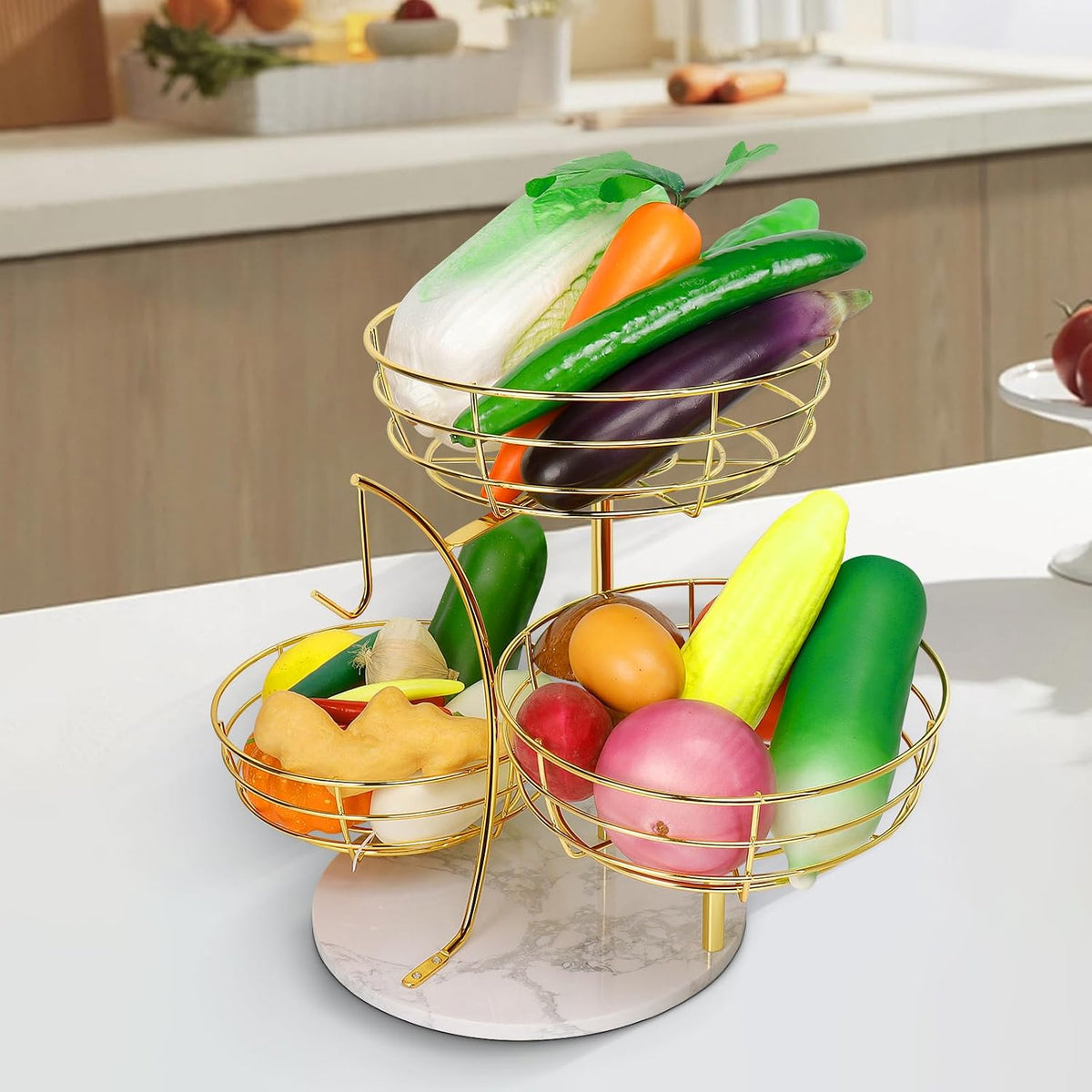 Fruit Basket Bowl with Banana Hanger, Fruit Vegetable Storage Basket with Banana Tree Holder for Kitchen Counter, Detachable Organizer for Bread Snack Produce (Black, 3-Tier Metal Base)