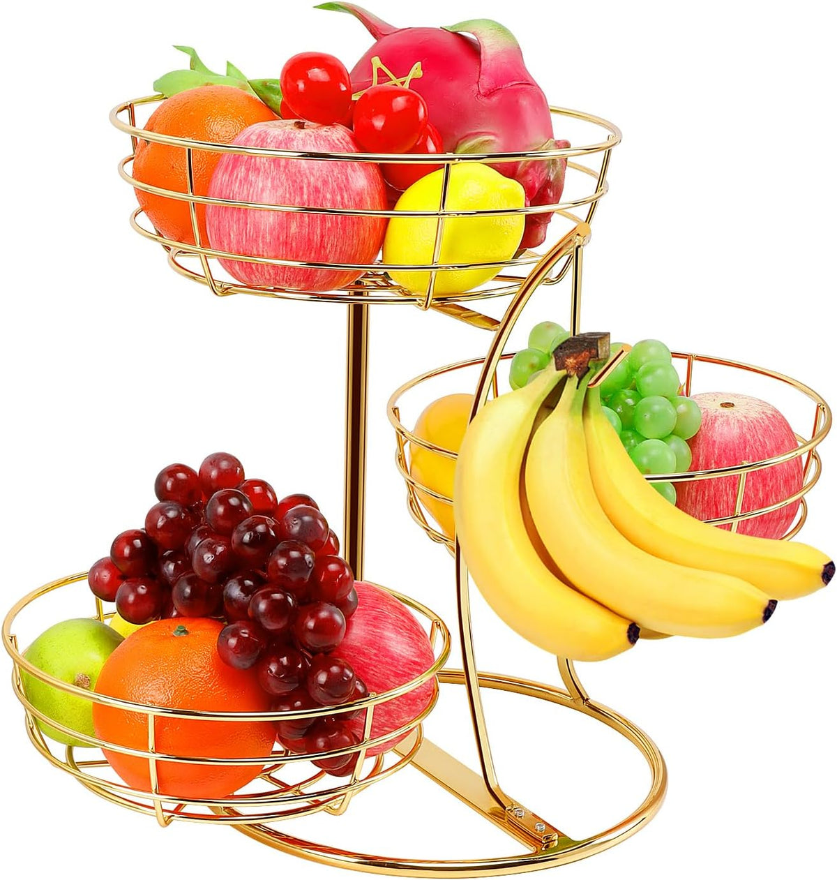 Fruit Basket Bowl with Banana Hanger, Fruit Vegetable Storage Basket with Banana Tree Holder for Kitchen Counter, Detachable Organizer for Bread Snack Produce (Black, 3-Tier Metal Base)
