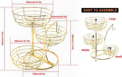 Fruit Basket Bowl with Banana Hanger, Fruit Vegetable Storage Basket with Banana Tree Holder for Kitchen Counter, Detachable Organizer for Bread Snack Produce (Black, 3-Tier Metal Base)
