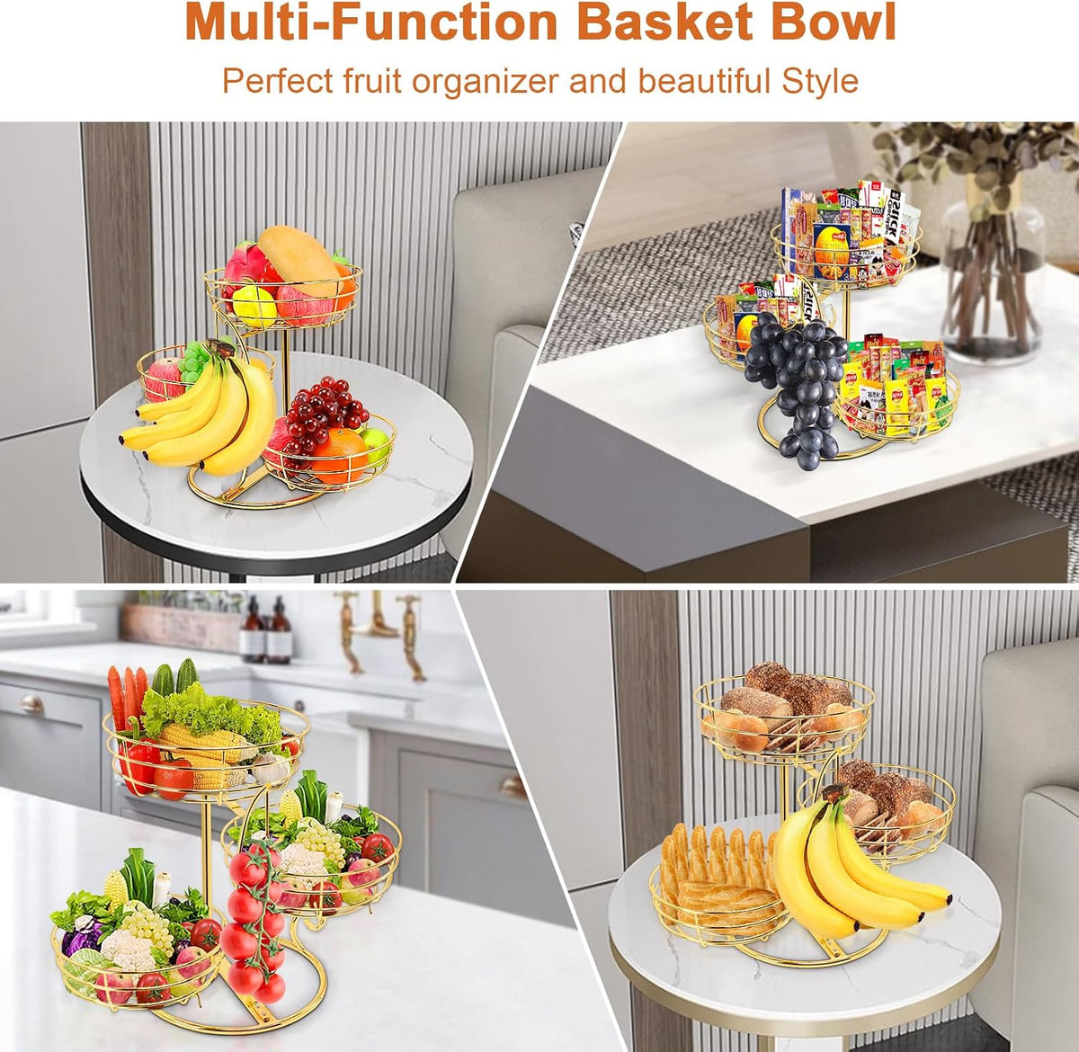 Fruit Basket Bowl with Banana Hanger, Fruit Vegetable Storage Basket with Banana Tree Holder for Kitchen Counter, Detachable Organizer for Bread Snack Produce (Black, 3-Tier Metal Base)
