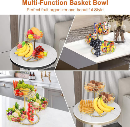 Fruit Basket Bowl with Banana Hanger, Fruit Vegetable Storage Basket with Banana Tree Holder for Kitchen Counter, Detachable Organizer for Bread Snack Produce (Black, 3-Tier Metal Base)