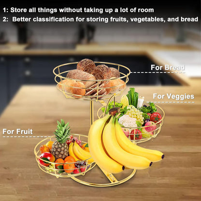 Fruit Basket Bowl with Banana Hanger, Fruit Vegetable Storage Basket with Banana Tree Holder for Kitchen Counter, Detachable Organizer for Bread Snack Produce (Black, 3-Tier Metal Base)