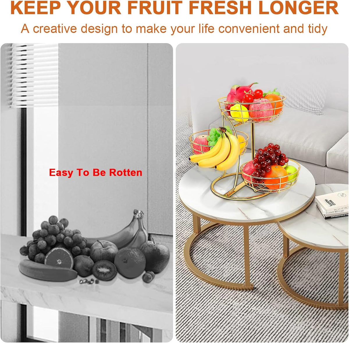 Fruit Basket Bowl with Banana Hanger, Fruit Vegetable Storage Basket with Banana Tree Holder for Kitchen Counter, Detachable Organizer for Bread Snack Produce (Black, 3-Tier Metal Base)