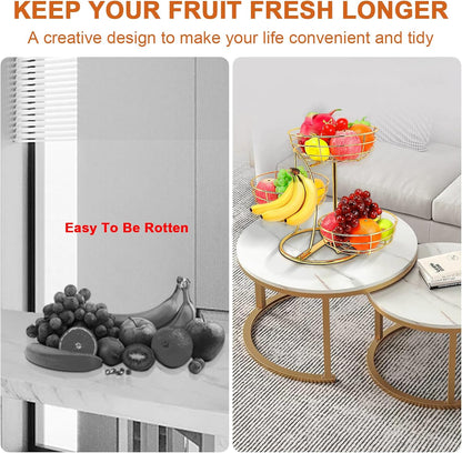 Fruit Basket Bowl with Banana Hanger, Fruit Vegetable Storage Basket with Banana Tree Holder for Kitchen Counter, Detachable Organizer for Bread Snack Produce (Black, 3-Tier Metal Base)