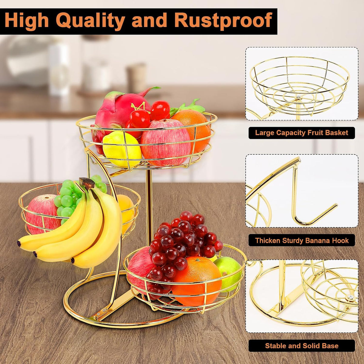 Fruit Basket Bowl with Banana Hanger, Fruit Vegetable Storage Basket with Banana Tree Holder for Kitchen Counter, Detachable Organizer for Bread Snack Produce (Black, 3-Tier Metal Base)