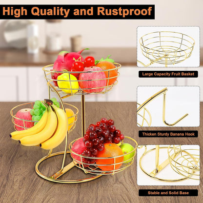 Fruit Basket Bowl with Banana Hanger, Fruit Vegetable Storage Basket with Banana Tree Holder for Kitchen Counter, Detachable Organizer for Bread Snack Produce (Black, 3-Tier Metal Base)