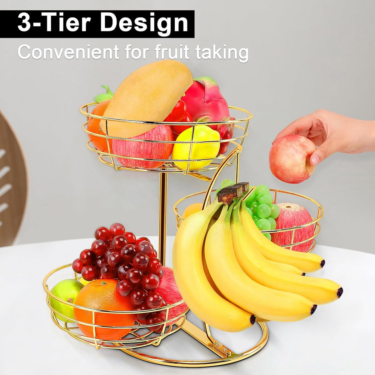 Fruit Basket Bowl with Banana Hanger, Fruit Vegetable Storage Basket with Banana Tree Holder for Kitchen Counter, Detachable Organizer for Bread Snack Produce (Black, 3-Tier Metal Base)