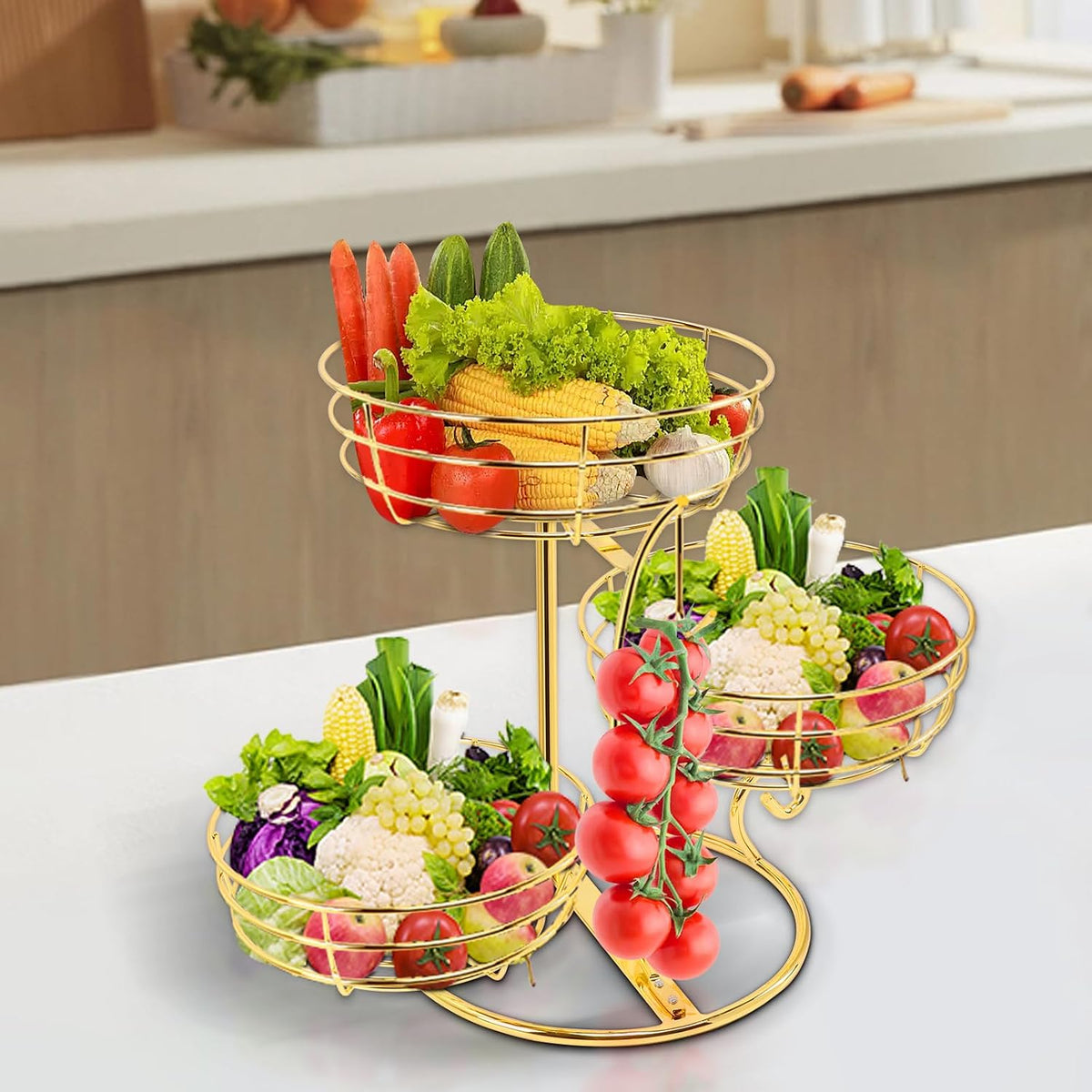 Fruit Basket Bowl with Banana Hanger, Fruit Vegetable Storage Basket with Banana Tree Holder for Kitchen Counter, Detachable Organizer for Bread Snack Produce (Black, 3-Tier Metal Base)