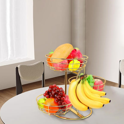 Fruit Basket Bowl with Banana Hanger, Fruit Vegetable Storage Basket with Banana Tree Holder for Kitchen Counter, Detachable Organizer for Bread Snack Produce (Black, 3-Tier Metal Base)