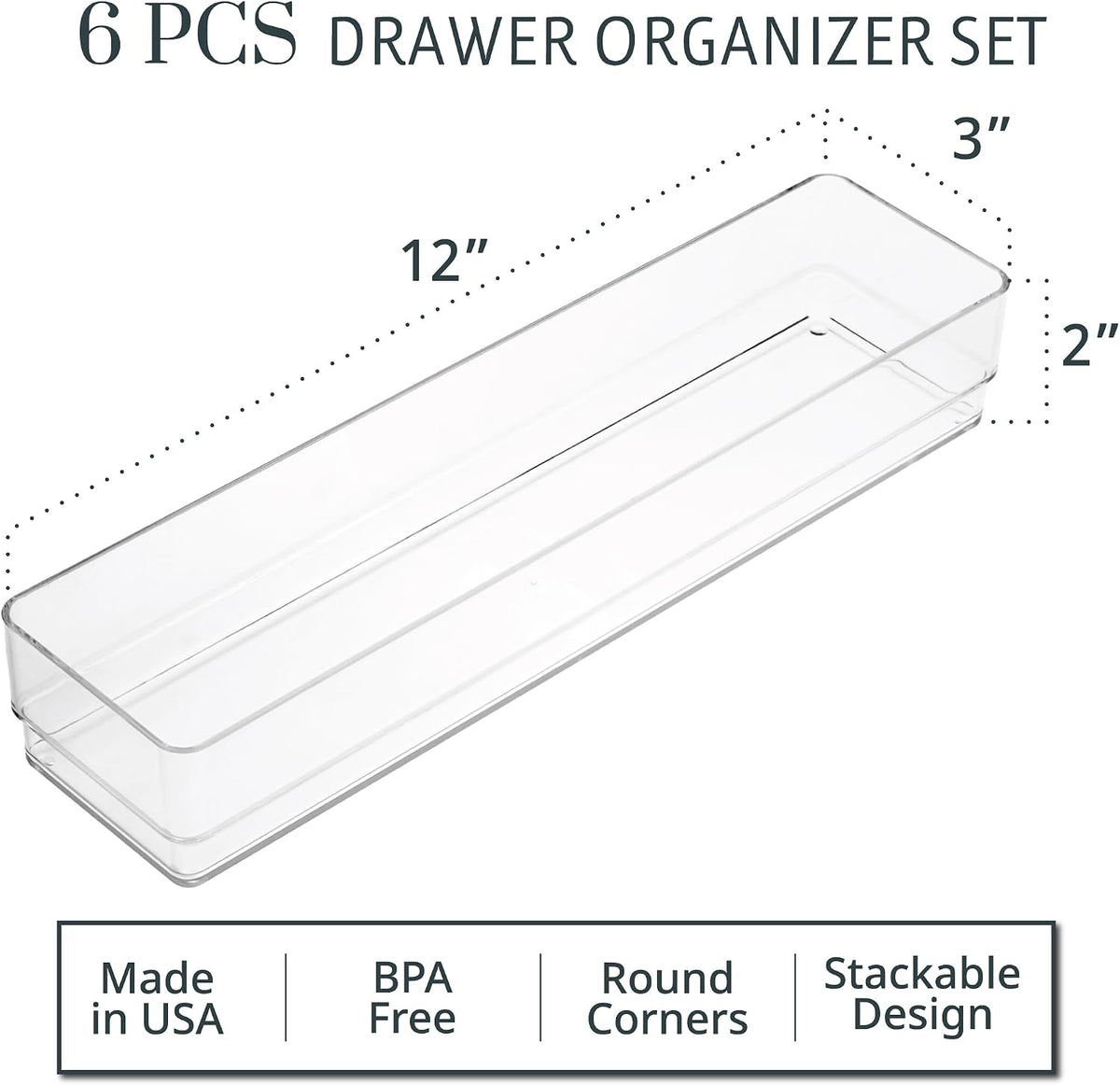 SimpleSort 6-Piece Stackable Clear Drawer Organizer Set | 12" x 3" x 2" Rectangle Trays | Narrow Makeup Vanity Storage Bins and Office Desk Drawer Dividers | Made in USA