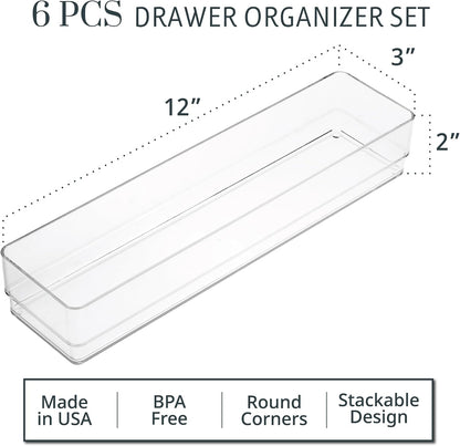 SimpleSort 6-Piece Stackable Clear Drawer Organizer Set | 12" x 3" x 2" Rectangle Trays | Narrow Makeup Vanity Storage Bins and Office Desk Drawer Dividers | Made in USA