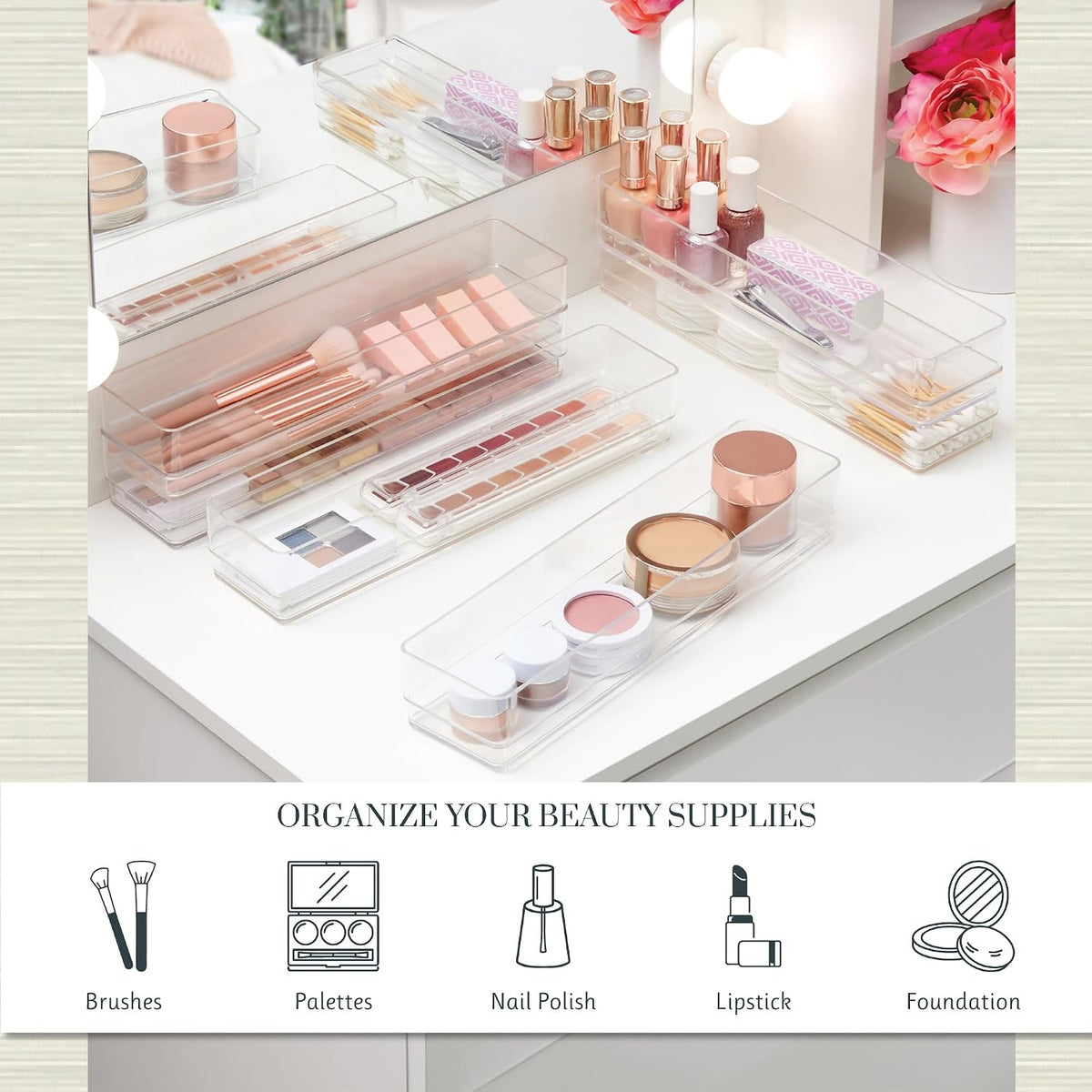 SimpleSort 6-Piece Stackable Clear Drawer Organizer Set | 12" x 3" x 2" Rectangle Trays | Narrow Makeup Vanity Storage Bins and Office Desk Drawer Dividers | Made in USA