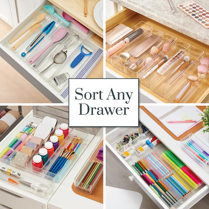 SimpleSort 6-Piece Stackable Clear Drawer Organizer Set | 12" x 3" x 2" Rectangle Trays | Narrow Makeup Vanity Storage Bins and Office Desk Drawer Dividers | Made in USA