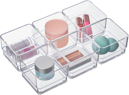 SimpleSort 6-Piece Stackable Clear Drawer Organizer Set | 12" x 3" x 2" Rectangle Trays | Narrow Makeup Vanity Storage Bins and Office Desk Drawer Dividers | Made in USA