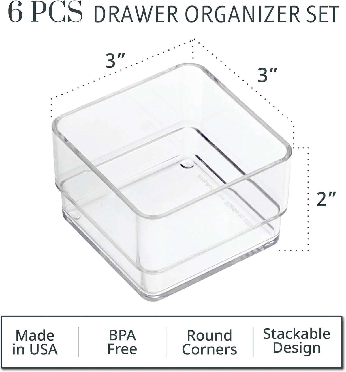 SimpleSort 6-Piece Stackable Clear Drawer Organizer Set | 12" x 3" x 2" Rectangle Trays | Narrow Makeup Vanity Storage Bins and Office Desk Drawer Dividers | Made in USA