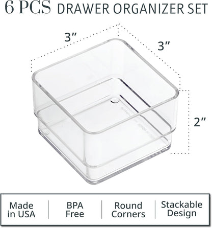 SimpleSort 6-Piece Stackable Clear Drawer Organizer Set | 12" x 3" x 2" Rectangle Trays | Narrow Makeup Vanity Storage Bins and Office Desk Drawer Dividers | Made in USA