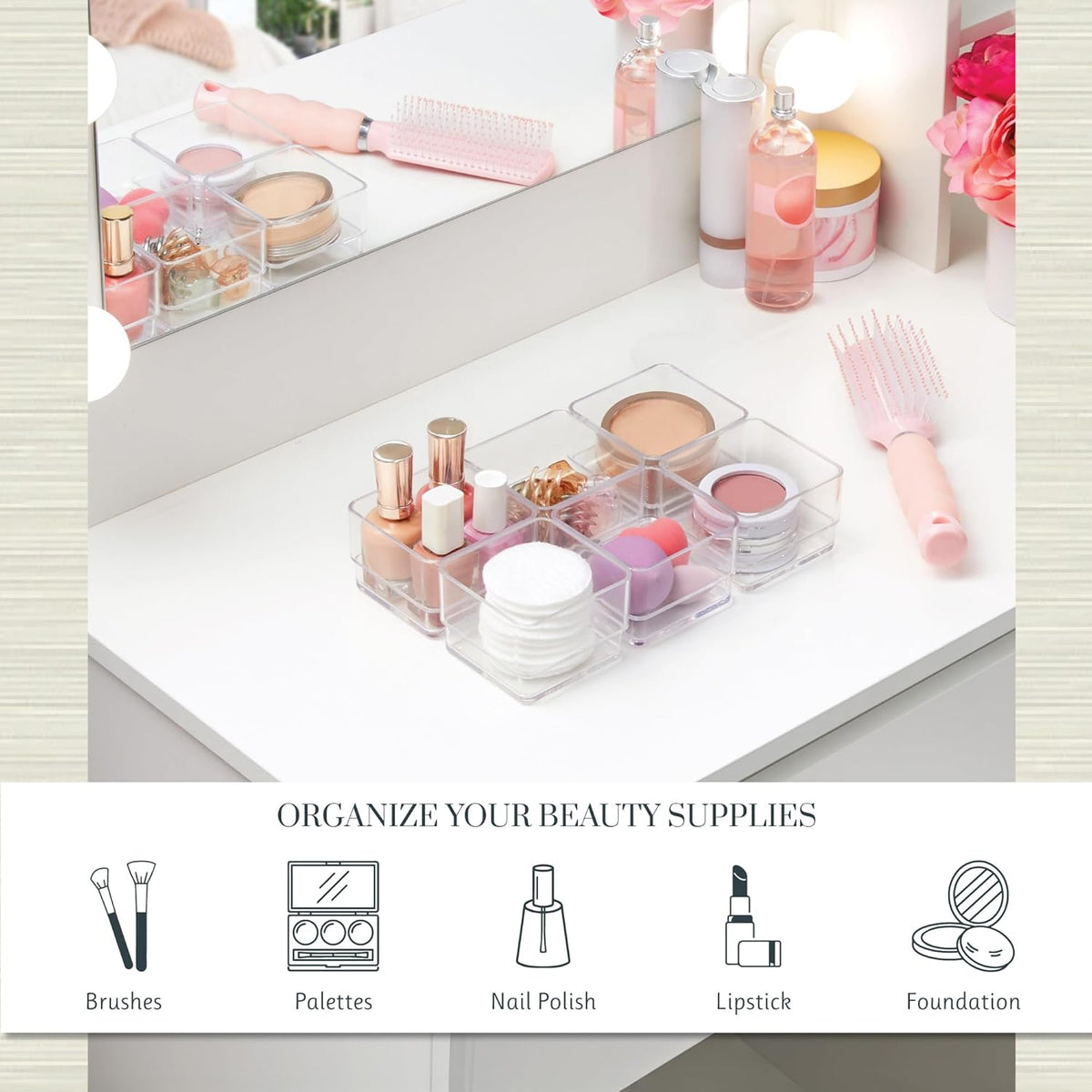 SimpleSort 6-Piece Stackable Clear Drawer Organizer Set | 12" x 3" x 2" Rectangle Trays | Narrow Makeup Vanity Storage Bins and Office Desk Drawer Dividers | Made in USA