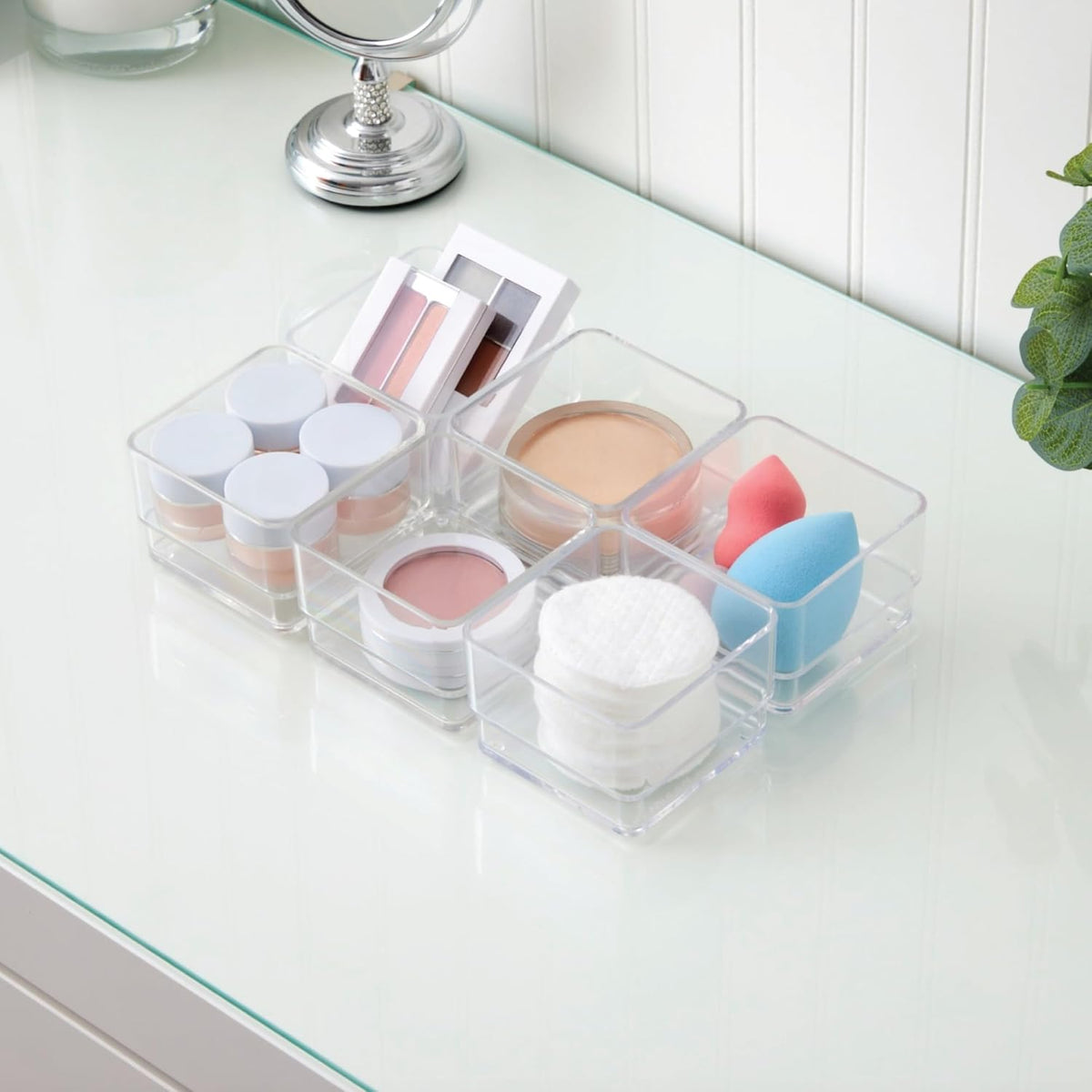 SimpleSort 6-Piece Stackable Clear Drawer Organizer Set | 12" x 3" x 2" Rectangle Trays | Narrow Makeup Vanity Storage Bins and Office Desk Drawer Dividers | Made in USA