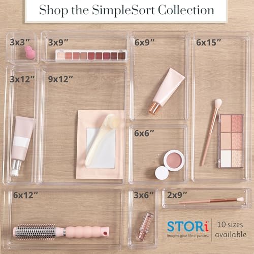 SimpleSort 6-Piece Stackable Clear Drawer Organizer Set | 12" x 3" x 2" Rectangle Trays | Narrow Makeup Vanity Storage Bins and Office Desk Drawer Dividers | Made in USA