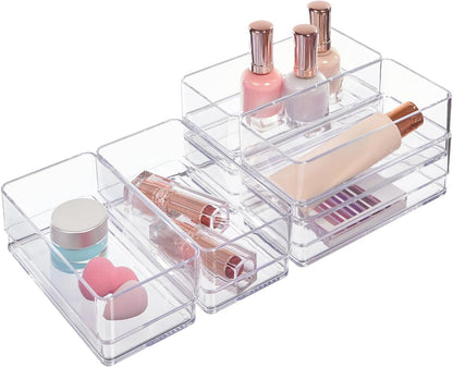 SimpleSort 6-Piece Stackable Clear Drawer Organizer Set | 12" x 3" x 2" Rectangle Trays | Narrow Makeup Vanity Storage Bins and Office Desk Drawer Dividers | Made in USA