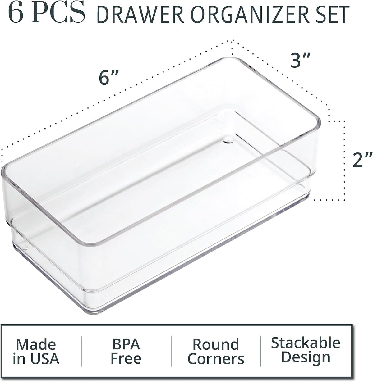 SimpleSort 6-Piece Stackable Clear Drawer Organizer Set | 12" x 3" x 2" Rectangle Trays | Narrow Makeup Vanity Storage Bins and Office Desk Drawer Dividers | Made in USA