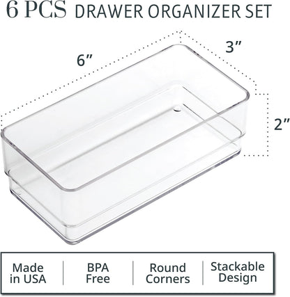 SimpleSort 6-Piece Stackable Clear Drawer Organizer Set | 12" x 3" x 2" Rectangle Trays | Narrow Makeup Vanity Storage Bins and Office Desk Drawer Dividers | Made in USA