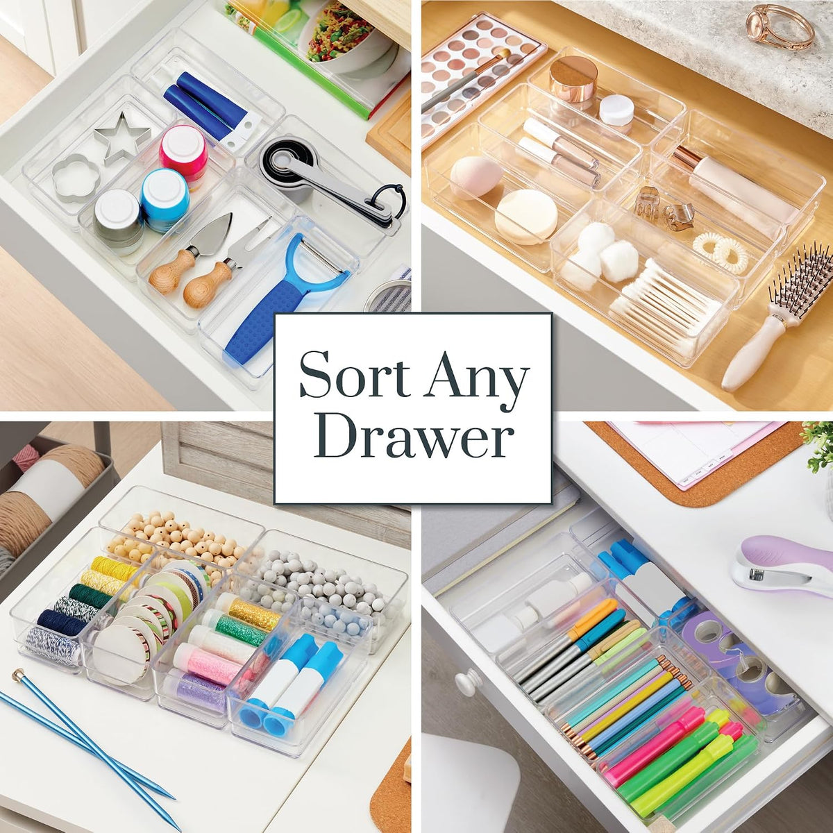 SimpleSort 6-Piece Stackable Clear Drawer Organizer Set | 12" x 3" x 2" Rectangle Trays | Narrow Makeup Vanity Storage Bins and Office Desk Drawer Dividers | Made in USA