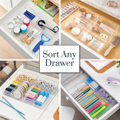 SimpleSort 6-Piece Stackable Clear Drawer Organizer Set | 12" x 3" x 2" Rectangle Trays | Narrow Makeup Vanity Storage Bins and Office Desk Drawer Dividers | Made in USA