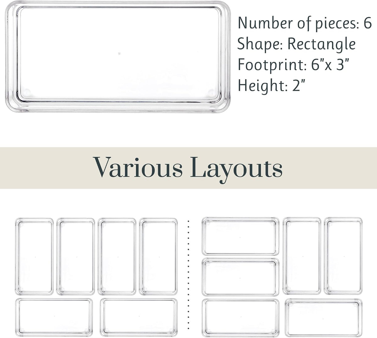SimpleSort 6-Piece Stackable Clear Drawer Organizer Set | 12" x 3" x 2" Rectangle Trays | Narrow Makeup Vanity Storage Bins and Office Desk Drawer Dividers | Made in USA
