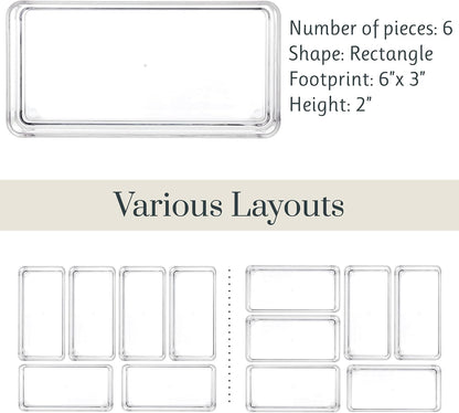 SimpleSort 6-Piece Stackable Clear Drawer Organizer Set | 12" x 3" x 2" Rectangle Trays | Narrow Makeup Vanity Storage Bins and Office Desk Drawer Dividers | Made in USA