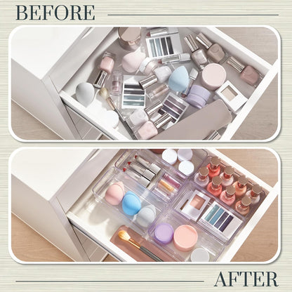 SimpleSort 6-Piece Stackable Clear Drawer Organizer Set | 12" x 3" x 2" Rectangle Trays | Narrow Makeup Vanity Storage Bins and Office Desk Drawer Dividers | Made in USA