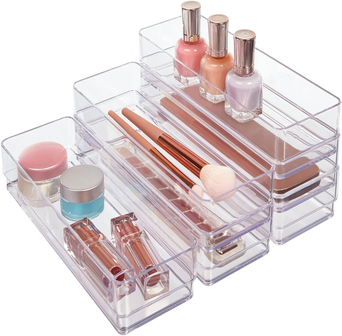 SimpleSort 6-Piece Stackable Clear Drawer Organizer Set | 12" x 3" x 2" Rectangle Trays | Narrow Makeup Vanity Storage Bins and Office Desk Drawer Dividers | Made in USA