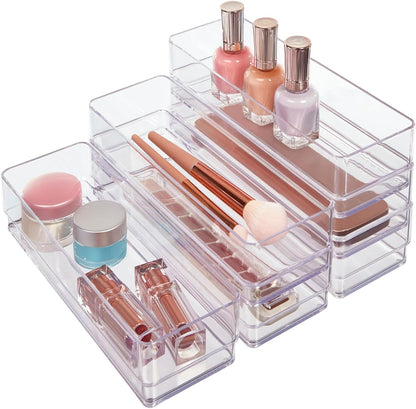 SimpleSort 6-Piece Stackable Clear Drawer Organizer Set | 12" x 3" x 2" Rectangle Trays | Narrow Makeup Vanity Storage Bins and Office Desk Drawer Dividers | Made in USA