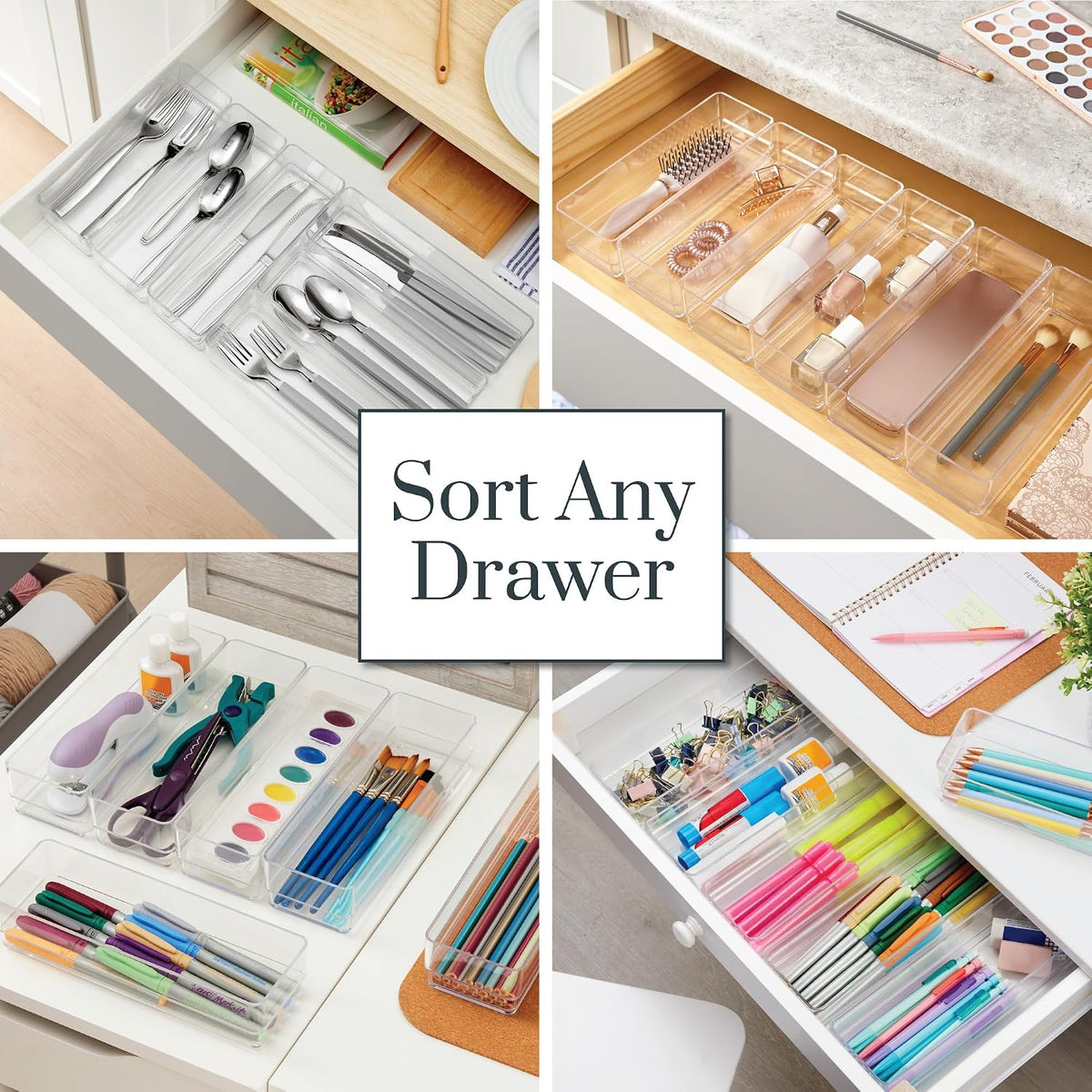 SimpleSort 6-Piece Stackable Clear Drawer Organizer Set | 12" x 3" x 2" Rectangle Trays | Narrow Makeup Vanity Storage Bins and Office Desk Drawer Dividers | Made in USA