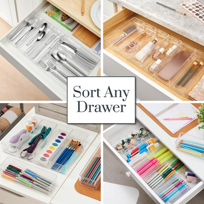 SimpleSort 6-Piece Stackable Clear Drawer Organizer Set | 12" x 3" x 2" Rectangle Trays | Narrow Makeup Vanity Storage Bins and Office Desk Drawer Dividers | Made in USA