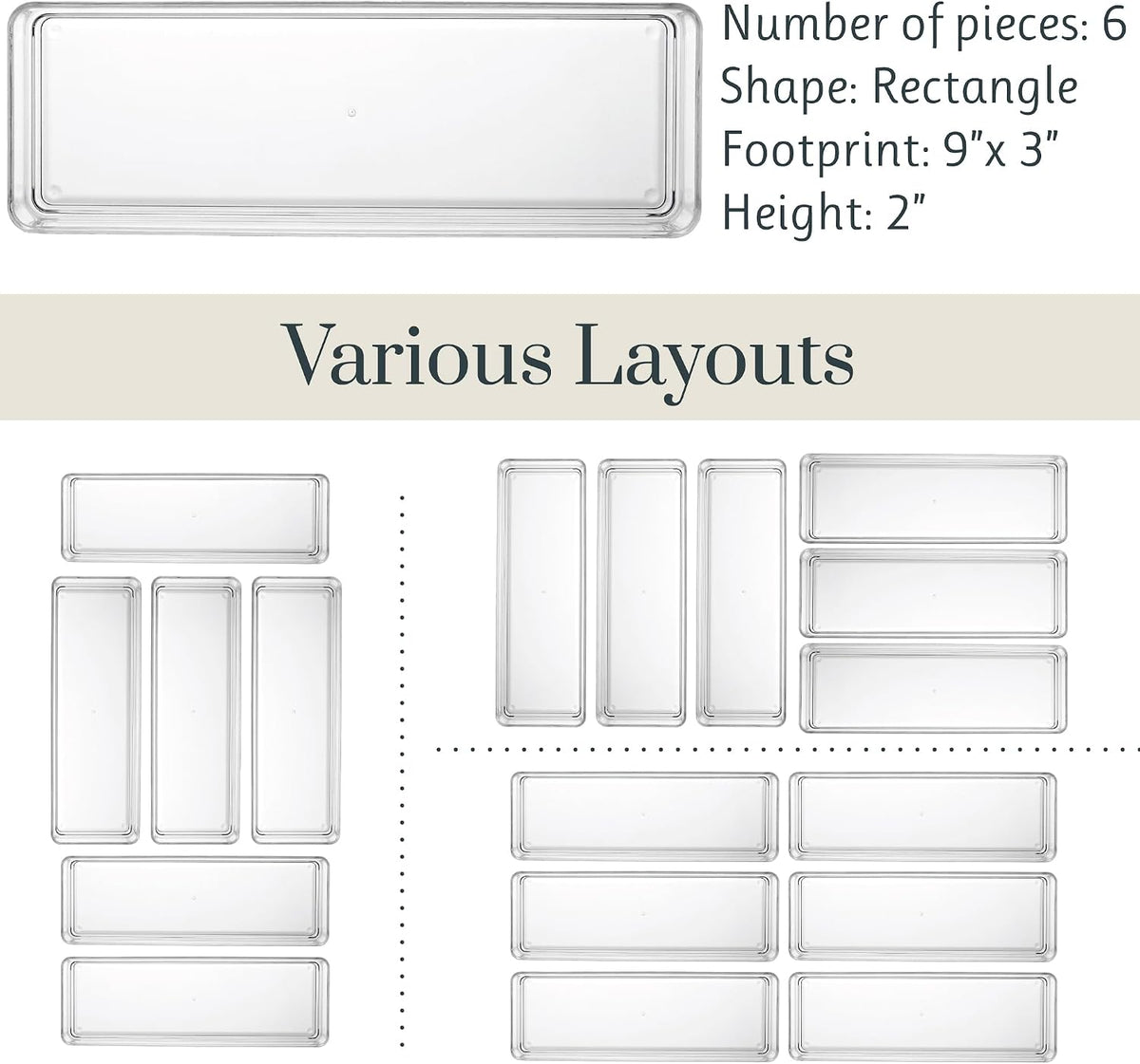 SimpleSort 6-Piece Stackable Clear Drawer Organizer Set | 12" x 3" x 2" Rectangle Trays | Narrow Makeup Vanity Storage Bins and Office Desk Drawer Dividers | Made in USA