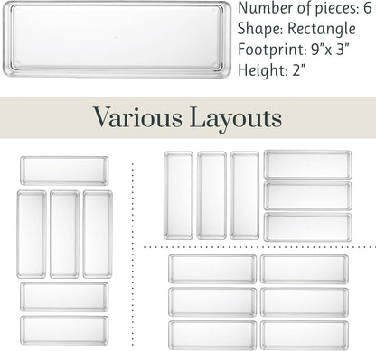 SimpleSort 6-Piece Stackable Clear Drawer Organizer Set | 12" x 3" x 2" Rectangle Trays | Narrow Makeup Vanity Storage Bins and Office Desk Drawer Dividers | Made in USA
