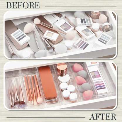 SimpleSort 6-Piece Stackable Clear Drawer Organizer Set | 12" x 3" x 2" Rectangle Trays | Narrow Makeup Vanity Storage Bins and Office Desk Drawer Dividers | Made in USA