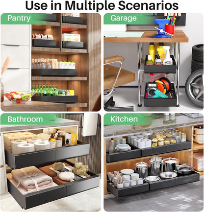 Pull out Cabinet Organizer, Expandable(12"-20") Heavy Duty Slide out Drawers Fixed with Adhesive Nano Film for Pots, Roll out Shelf Storage for Kitchen Base Cabinet Organization(White)
