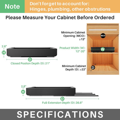 Pull out Cabinet Organizer, Expandable(12"-20") Heavy Duty Slide out Drawers Fixed with Adhesive Nano Film for Pots, Roll out Shelf Storage for Kitchen Base Cabinet Organization(White)
