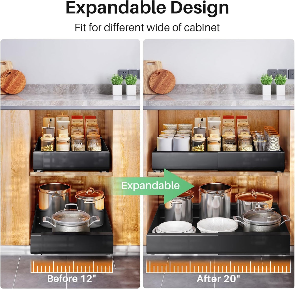Pull out Cabinet Organizer, Expandable(12"-20") Heavy Duty Slide out Drawers Fixed with Adhesive Nano Film for Pots, Roll out Shelf Storage for Kitchen Base Cabinet Organization(White)