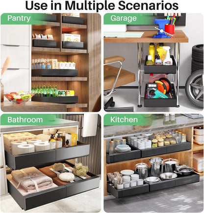 Pull out Cabinet Organizer, Expandable(12"-20") Heavy Duty Slide out Drawers Fixed with Adhesive Nano Film for Pots, Roll out Shelf Storage for Kitchen Base Cabinet Organization(White)