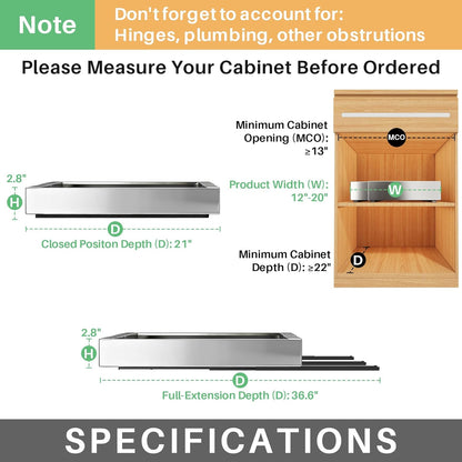 Pull out Cabinet Organizer, Expandable(12"-20") Heavy Duty Slide out Drawers Fixed with Adhesive Nano Film for Pots, Roll out Shelf Storage for Kitchen Base Cabinet Organization(White)