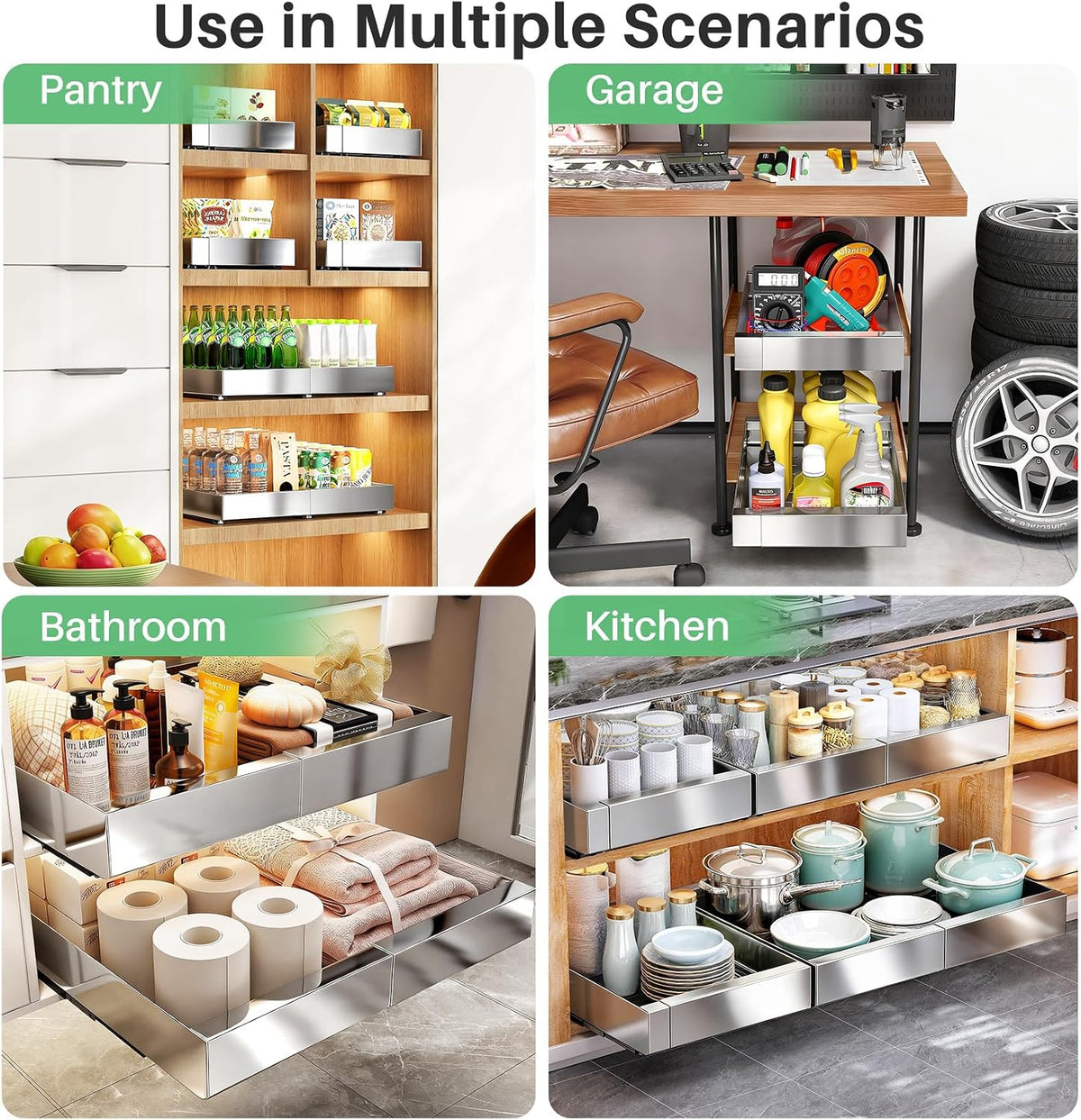 Pull out Cabinet Organizer, Expandable(12"-20") Heavy Duty Slide out Drawers Fixed with Adhesive Nano Film for Pots, Roll out Shelf Storage for Kitchen Base Cabinet Organization(White)