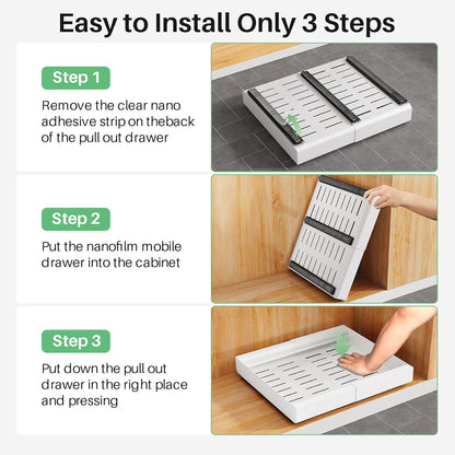 Pull out Cabinet Organizer, Expandable(12"-20") Heavy Duty Slide out Drawers Fixed with Adhesive Nano Film for Pots, Roll out Shelf Storage for Kitchen Base Cabinet Organization(White)