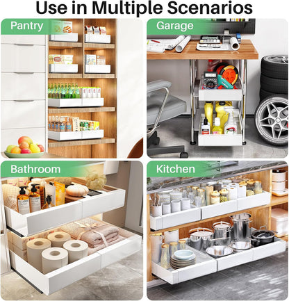 Pull out Cabinet Organizer, Expandable(12"-20") Heavy Duty Slide out Drawers Fixed with Adhesive Nano Film for Pots, Roll out Shelf Storage for Kitchen Base Cabinet Organization(White)