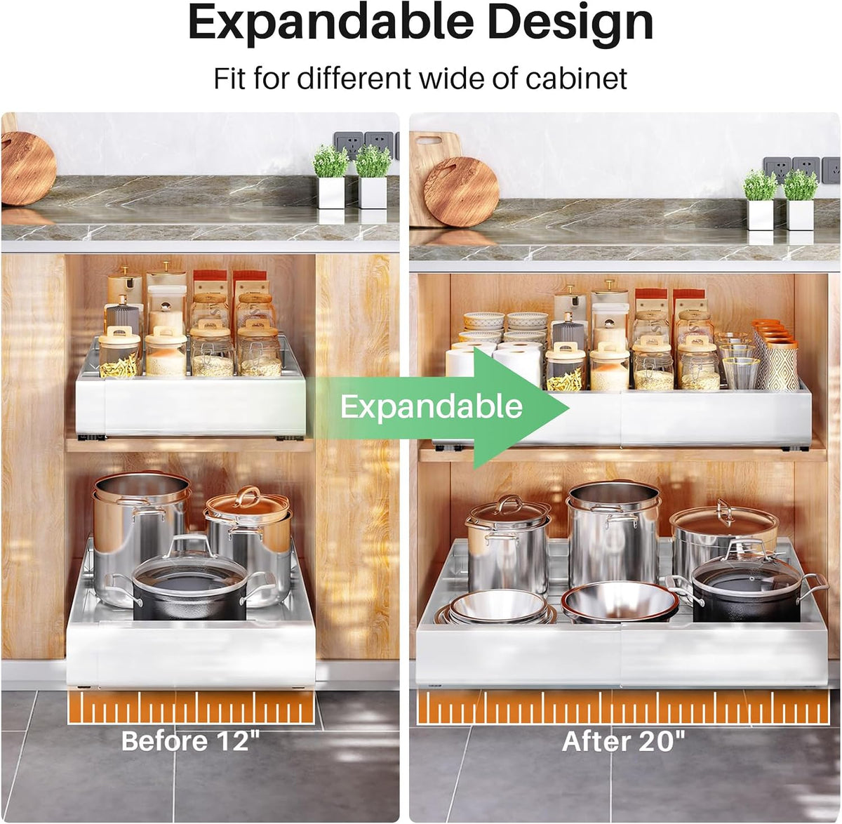 Pull out Cabinet Organizer, Expandable(12"-20") Heavy Duty Slide out Drawers Fixed with Adhesive Nano Film for Pots, Roll out Shelf Storage for Kitchen Base Cabinet Organization(White)