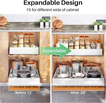 Pull out Cabinet Organizer, Expandable(12"-20") Heavy Duty Slide out Drawers Fixed with Adhesive Nano Film for Pots, Roll out Shelf Storage for Kitchen Base Cabinet Organization(White)